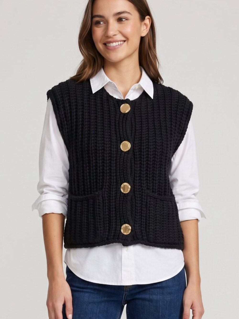 NWT Black Chunky Ribbed Knit Button Down Cropped Sweater Vest Pockets Size Small